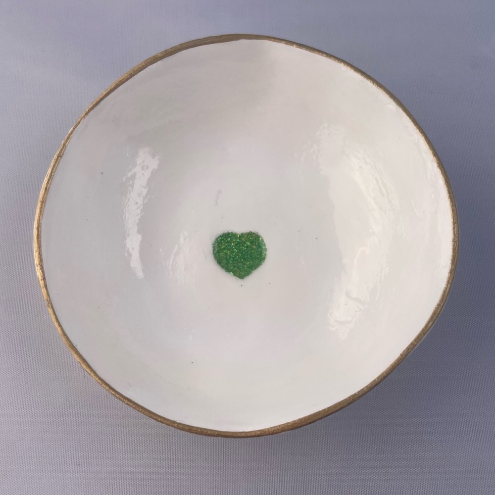Clay Jewelry/Ring Bowl Catchall White Gold Green Glitter Heart